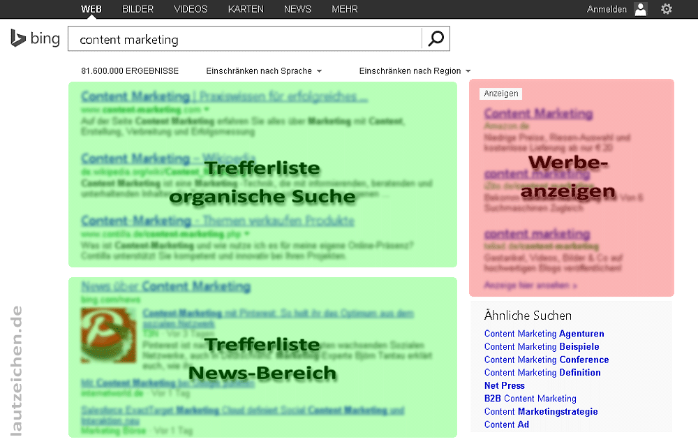 Suchergebnisseite von Bing