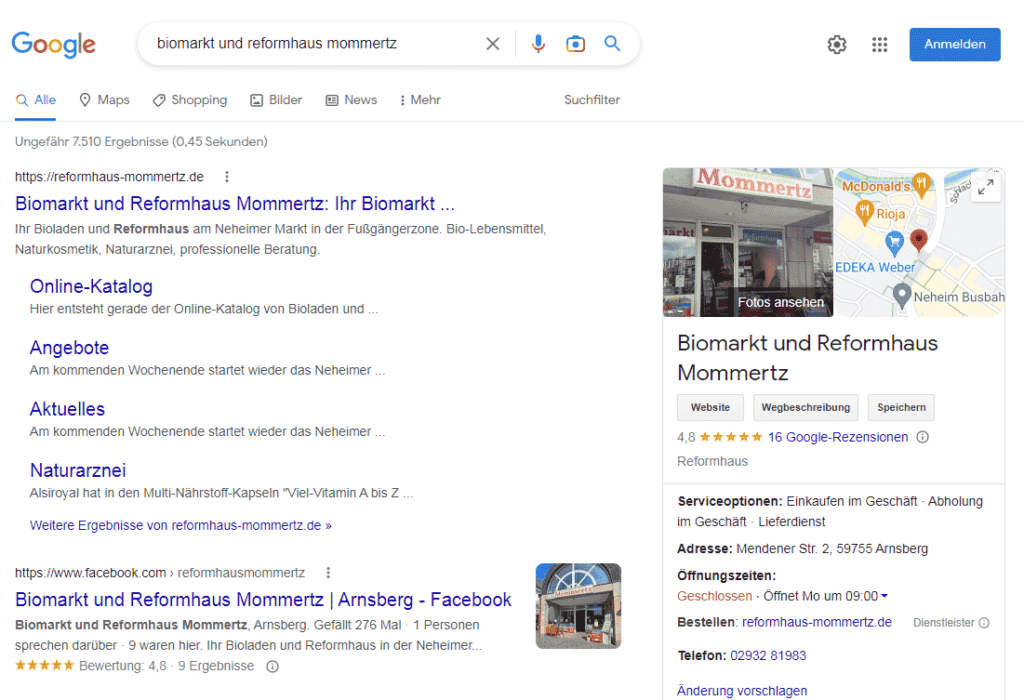 Darstellung der Suche nach einem lokalen Unternehmen in Google